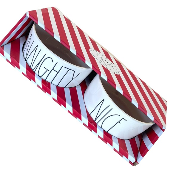 Rae Dunn Naughty & Nice Holiday 6" Pet Bowl Gift Set White w/Black Lettering NIB - Picture 1 of 7